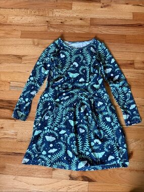 Girls' Navy Dress with Green Moth & Fern Print - Long Sleeve Casual